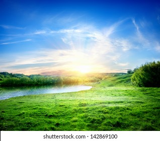Spring Landscape With The River And The Sun