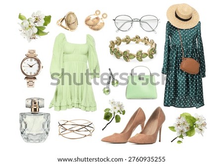Spring look. Set of stylish clothes and accessories isolated on white