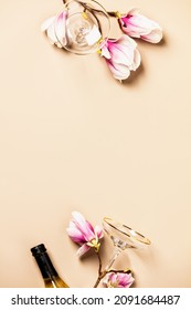 Spring Magnolia Flowers, Bottle Of Wine And Wine Glasses Flat Lay, Top View, Celebration Concept