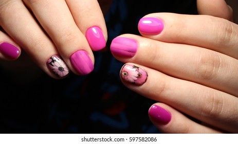 Spring Manicure, On Hands Beautiful Design Of Manicure Flowers On Fuchsia Nails