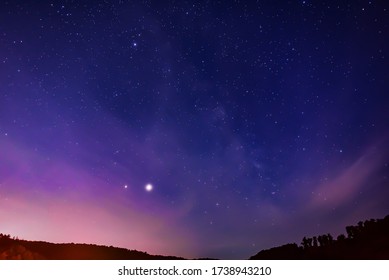 Spring Milky Way, Jupiter And Saturn Planets In The Night Sky.