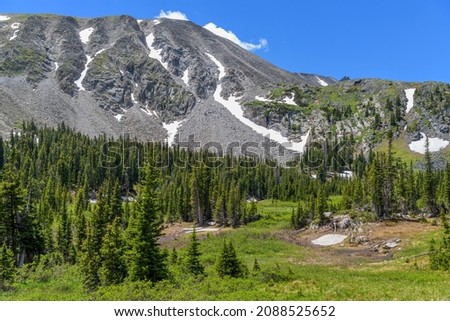 Spring Mountain - A bright sunny Spring day view of a rugged high mountain peak surrounded by evergreen forest, as seen from Pawnee Pass Trail. Indian Peaks Wilderness, Colorado, USA.