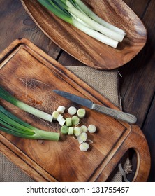 Spring Onion On Cutting Board, Looking From Above