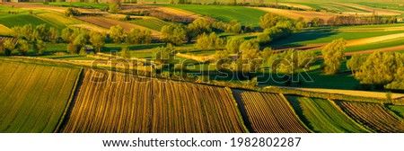 spring panorama of fields on farmland cultivated extensively and ecologically