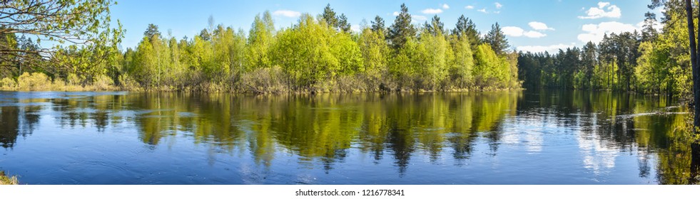 Spring Panoramic Water Landscape Of Central Russia. Panorama Of The River In May In The National Park 