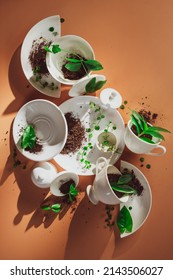 Spring Porcelain Collection, Cups And Dishes With Plants, Warm Colors, Sunlight