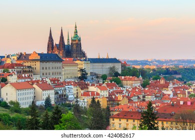 Spring Prague Panorama From Prague Hill With Prague Castle, Vltava River And Historical Architecture. Concept Of Europe Travel, Sightseeing And Tourism.