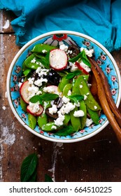 Spring Radish And Snap Pea Greek Salad.style Rustic.selective Focus