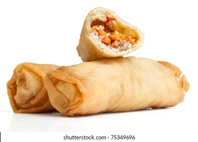 Spring Roll Also Known As  Egg Roll Isolated On White.