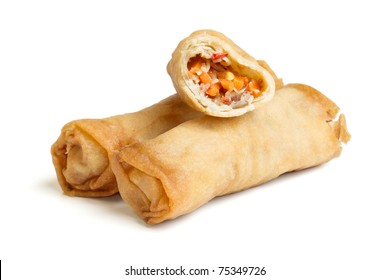 Spring Roll Also Known As  Egg Roll Isolated On White.