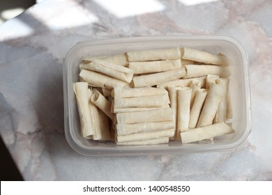 Spring Roll Ready To Fry. They Are Generally Sold Frozen And Are Very Thin Resembling A Pastry. Freeze Food For Ramadan Preparation-Image