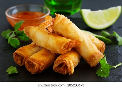 Spring rolls with shrimp with sweet chili sauce. Asian cuisine. - Shutterstock ID 285208673