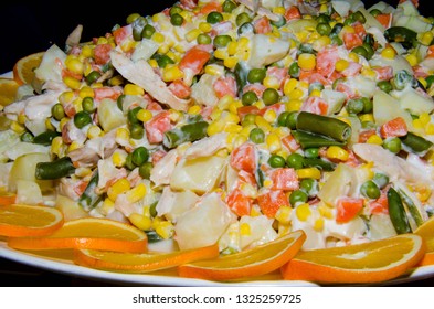 Spring Salad With Mayonnaise. Potato Salad With Peas And Corn With Carrots And Beans