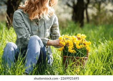 Spring season in nature. Woman with daffodil flowers in wicker basket sitting in grass. Relaxation outdoors