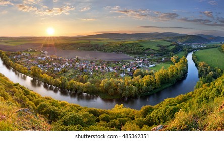 Spring Slovakia Panorama Landscape With River Hron.