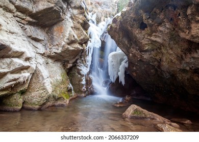 Spring, Snow On The Banks Of A Mountain River, Forest And Mountains, Snow Melting.