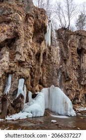 Spring, Snow On The Banks Of A Mountain River, Forest And Mountains, Snow Melting.