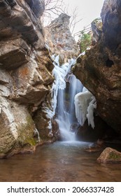 Spring, Snow On The Banks Of A Mountain River, Forest And Mountains, Snow Melting.