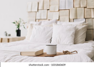 Spring Still Life. Breakfast In Bed. White Bedroom. Sweet Home. Books, Flowers And Coffee Cup. Flat Lay