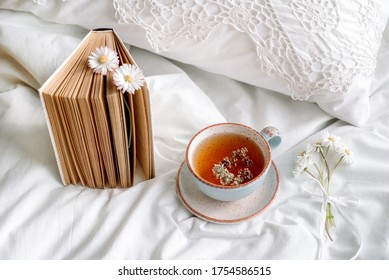 Spring Still Life With A Cup Of Natural Herbal Tea And Flowers Camomile And Daisy. Light Background, Blooming And Cozy House.White Bed, Summer Morning