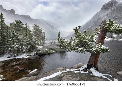 A Spring Storm Hits Mills Lake, An Alpine Lake, Located In Rocky Mountain National Park Outside Of Estes PArk Colorado