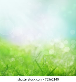 Spring Or Summer  Abstract Nature Background With Grass In The Meadow And Blue Sky In The Back