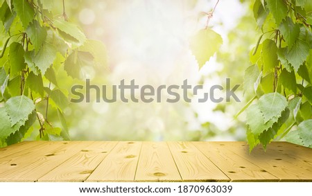 Spring and summer background - fresh green birch leaves, frame in the rays of sunlight, with a wooden table. Abstract natural backgrounds to showcase and promote your product.