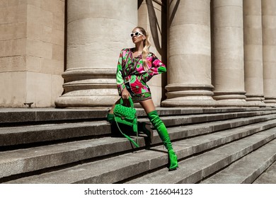 Spring, Summer Fashion. High Fashion Model. Glamour, Stylish Elegant Woman. Female Model In Colorful Dress In The City. Travel Model. Outdoor Shoot. Casual, Urban Style. Vogue.