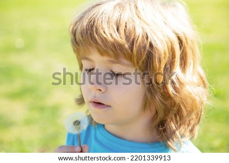 Spring or summer kid blow dandelions flower on walk and grass background. Soul harmony concept. Stock photo © 