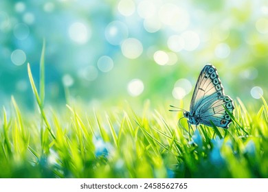 Spring or summer  nature background with green grass and butterfly - Powered by Shutterstock