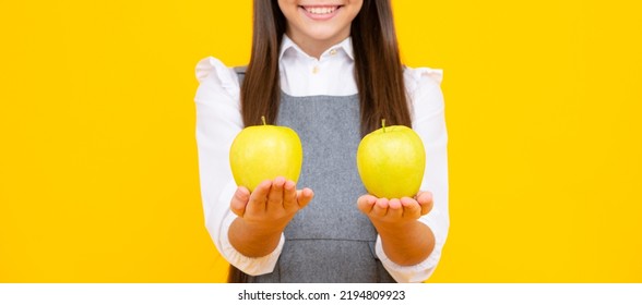 Spring And Summer Season Fruits. Vitamins, Organic Food, Natural And Healthy. Teenager Child Girl Eat Apple. Teen Girl Biting Apples. Autumn Harvest.