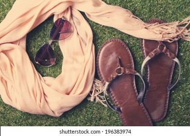 Spring Or Summer Women's Fashion Accessories Lying On Grass