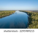 spring sunrise over the Missouri River at Dalton Bottoms - aerial view