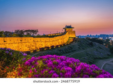 Spring and Sunset at Hwaseong Fortress, Suwon City South Korea.Landmark during sunset. Landscape of Hwaseong Fortress is a UNESCO World Heritage Site. Summer of Suwon Hwaseong Fortress