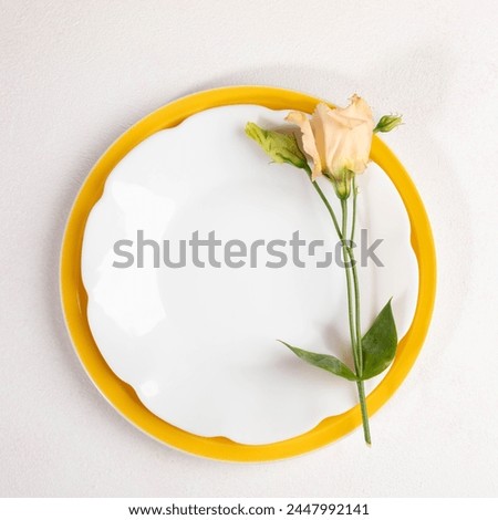 Spring table setting mock up in trendy delicate white peach colors with yellow emphasis. Gentle peach Eustoma flower on empty plates on light background top view. Holiday table serving. Square format