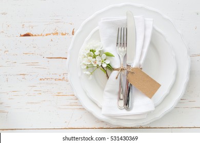 Spring Table Setting With White Flowers, Copy Space