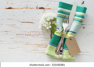 Spring Table Setting With White Flowers, Copy Space