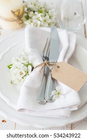 Spring Table Setting With White Flowers, Copy Space