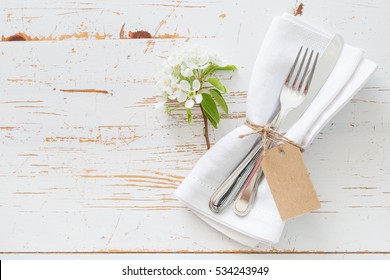 Spring Table Setting With White Flowers, Copy Space