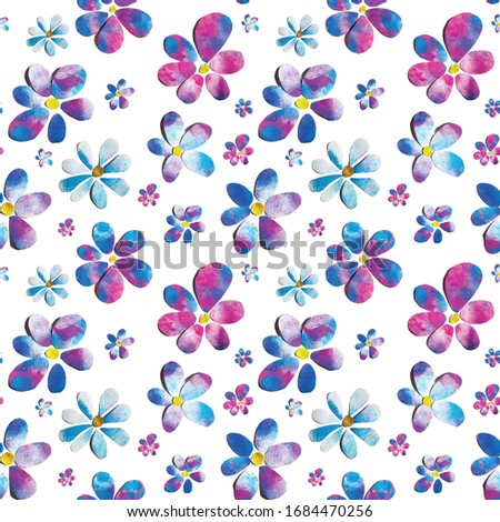 Spring tender blue pink flower hand painted watercolor paper-cut design seamless patter illustration. Perfect for textile, wallpaper or banner backgrounds, gift wrapping paper, card decoration.