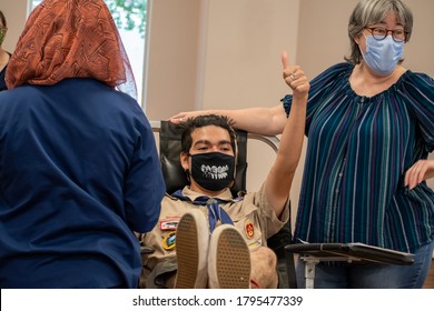 Spring, Texas / USA - August 12th, 2020: Donations Of Blood And Plasma Continue Through The Coronavirus, Young Boy Scouts Organizes A Blood Drive At Gulf Coast Center For His Eagle Scout Project.