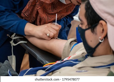 Spring, Texas / USA - August 12th, 2020: Donations Of Blood And Plasma Continue Through The Coronavirus, Young Boy Scouts Organizes A Blood Drive At Gulf Coast Center For His Eagle Scout Project.