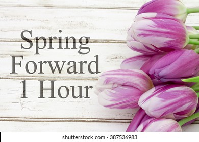 Spring Time Change, Some tulips with weathered wood and text Spring Forward 1 Hour - Shutterstock ID 387536983