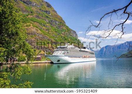 Spring time with cruise ship in fjord, Flam, Norway