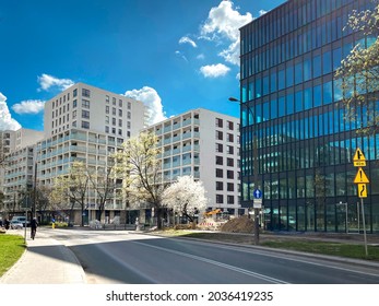 Spring Trees In Front Of Modern Buildings On Warsaw Street