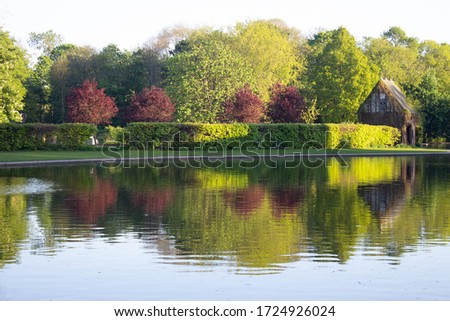 Spring trees reflected in a lake in Rowntree Park, York, England.