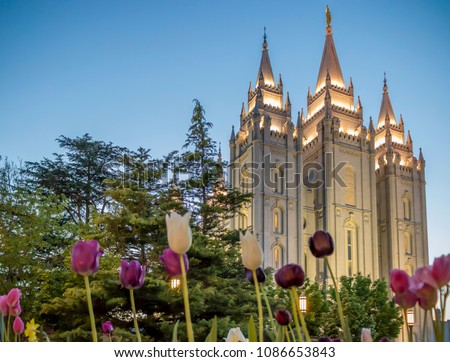 Spring tulips outside Salt Lake Temple in early evening. The Church of Jesus Christ of Latter-day Saints, Temple Square, Salt Lake City, Utah, USA.