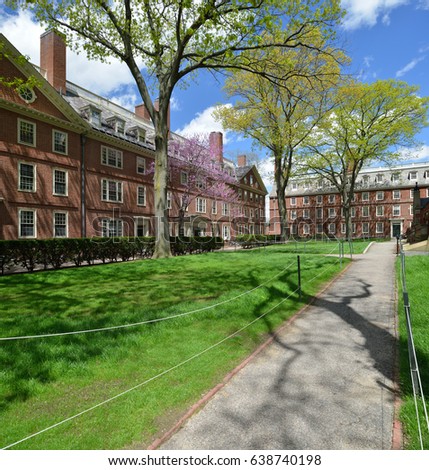 Spring view of freshmen dorms in Harvard University Old Yard