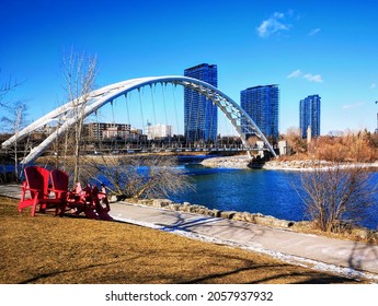 Spring Walk along the Lake Ontario waterfront in Toronto. Humber Bay Arch Bridge
