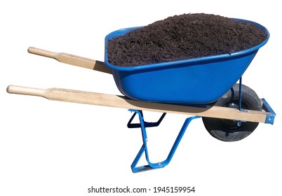 
Spring Wheelbarrow Filled With Mulch. Isolated.
